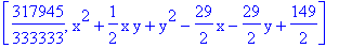 [317945/333333, x^2+1/2*x*y+y^2-29/2*x-29/2*y+149/2]